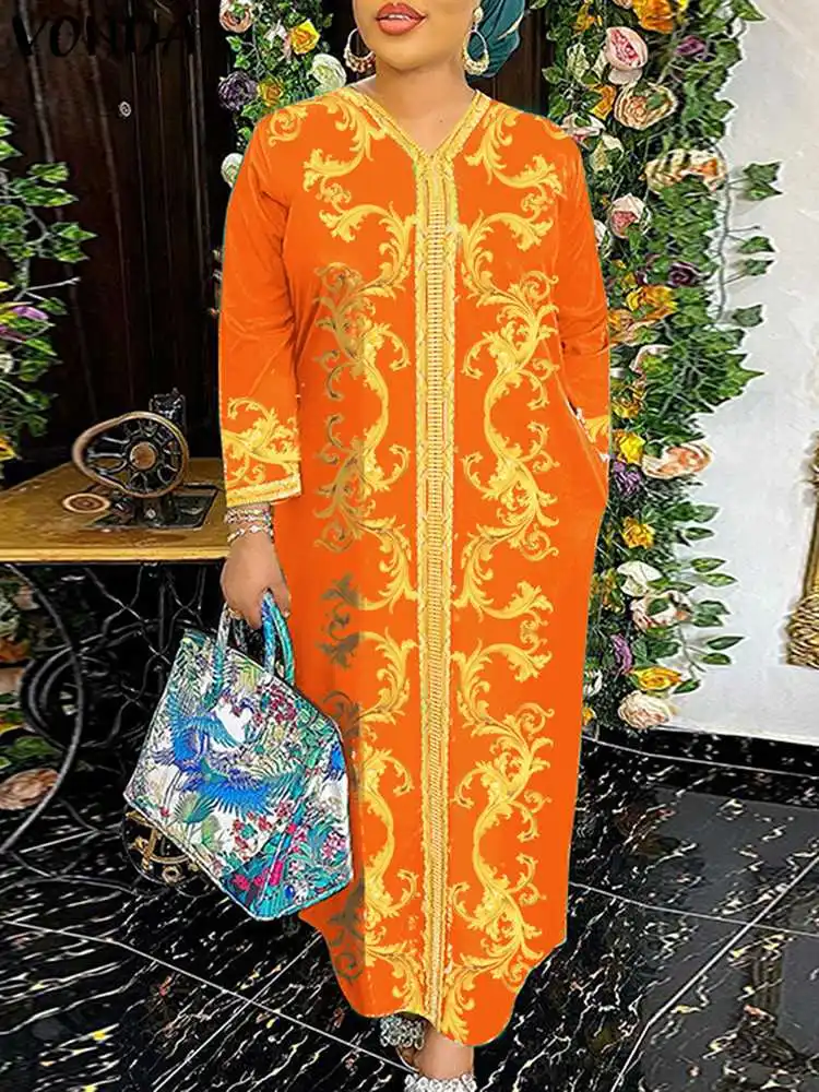 

Plus Size 5XL VONDA Summer Bohemian Maxi Dress Women Long Sleeve Pockets Printed Party Sundress Sexy V Neck Casual Loose Robe