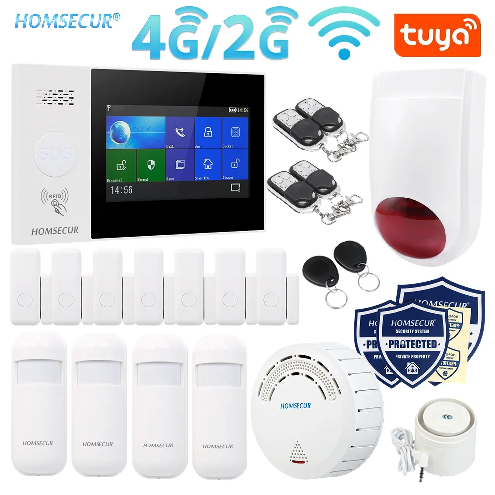 

HOMSECUR 433MHz Wireless WIFI 4G 2G RFID SMS Autodial Home Alarm System Touch Screen Smoke Sensor Flash Siren PIR Motion Sensor