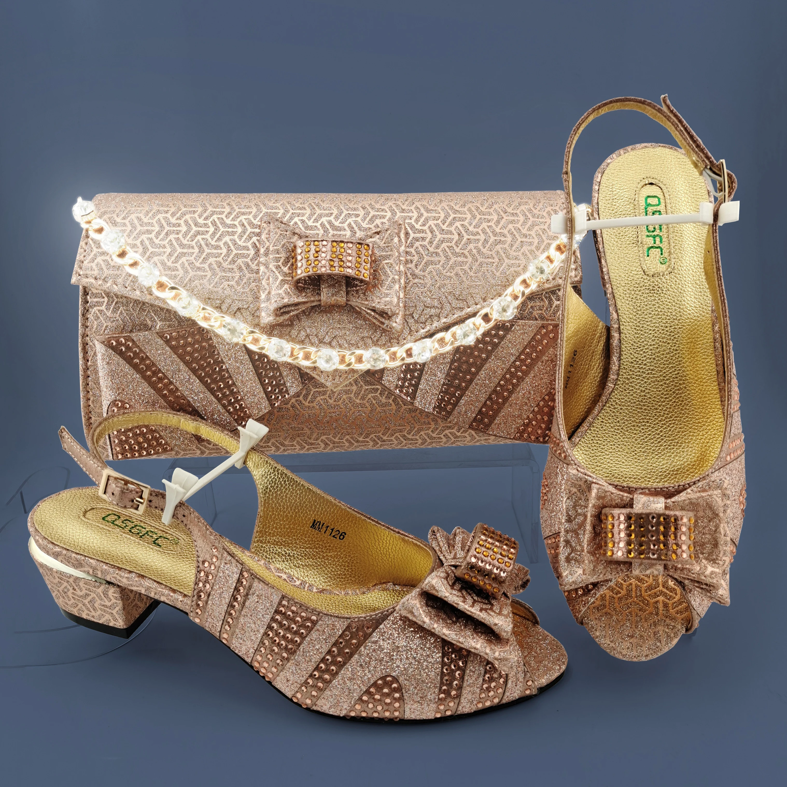 

QSGFC New Arrival Italian Design African Peach Color Party Wedding Ladies Shoes And Bag Set Decorated With Butterfly-kont