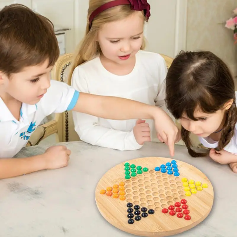 Wooden Checkers Board Game Glass Beads Chinese Wood Hexagonal Checkers Plate Glass Marble Board Games For Friends Famil