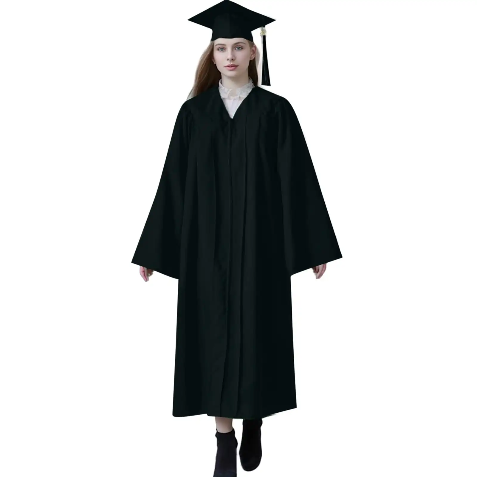 Graduation Cap and Gown Set with Tassel for High School & College Long Sleeved Dress Breathable for Elegant Women Black