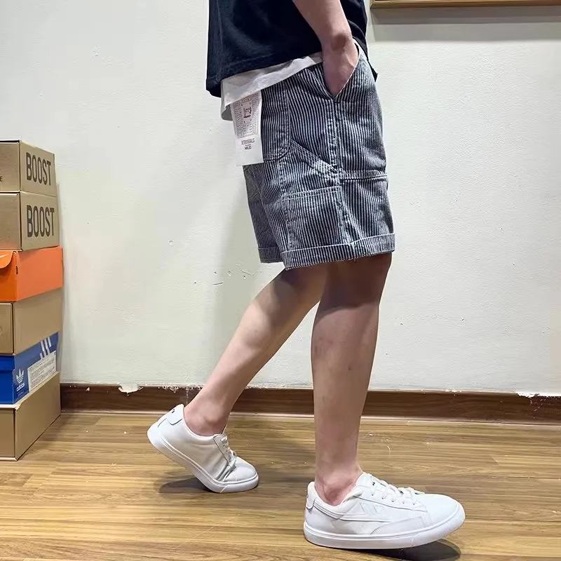 Summer Slim Fashionable Denim Shorts Korean Version Men Travel Banquet Loose Straight Tube Comfortable Breathable Striped Shorts