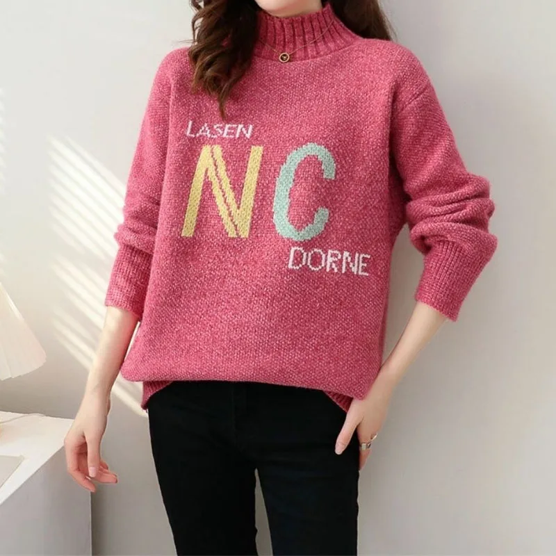 

Autumn Winter Fashion Casual Half High Collar Letter Sweaters Women's Clothing Korean Simplicity Long Sleeve Knitted Pullovers