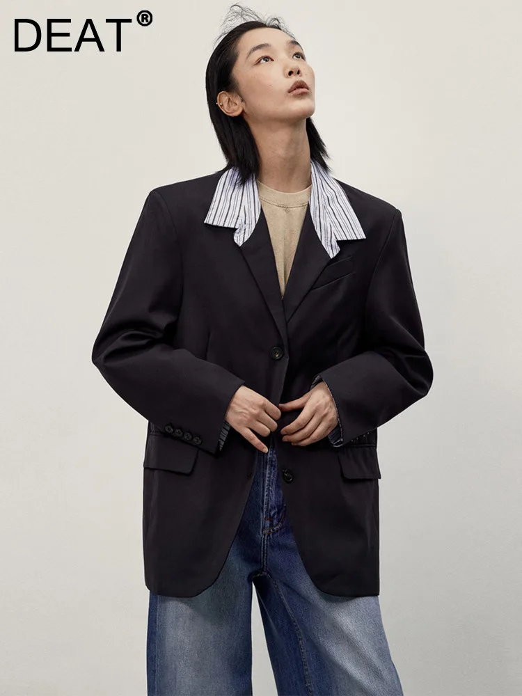 

DEAT Fashion Women's Blazer Loose Stripe Spliced Notched Collar Single Breasted Loose Suit Coat Spring 2024 New Tide 7AB493