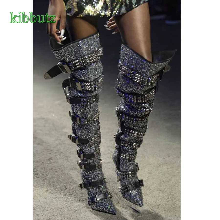 

Heavy Metal Rhinestone Studded Catwalk Boots,Retro Pointed Toe Stiletto Buckle Over The Knee Boots 2023 New Zapatos Para Mujere
