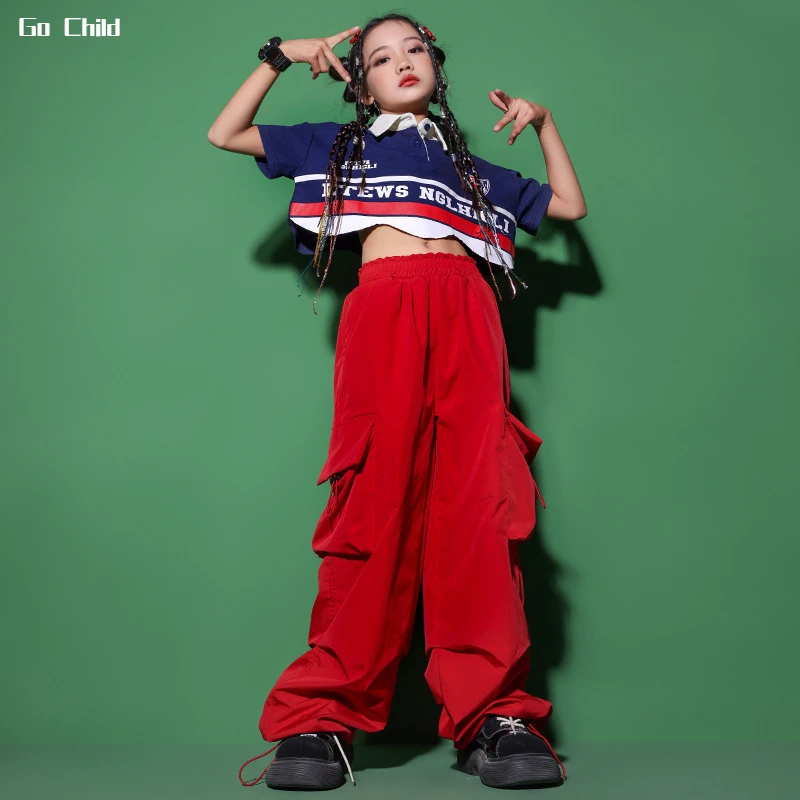Girls Hip Hop Crop Top Red Cargo Baggy Pants Child Polo Shirt