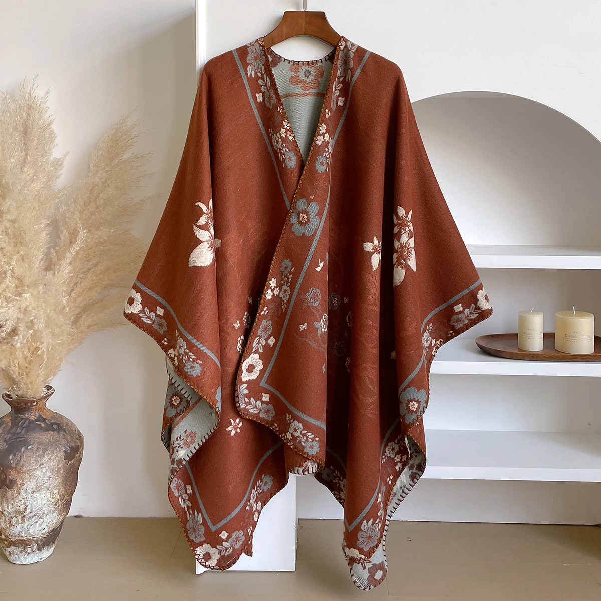 Brand Fashion Women's Cashmere Winter Shawl - Vintage Floral Printed Oil Painting Style Pashmina Thick Wrap & Poncho