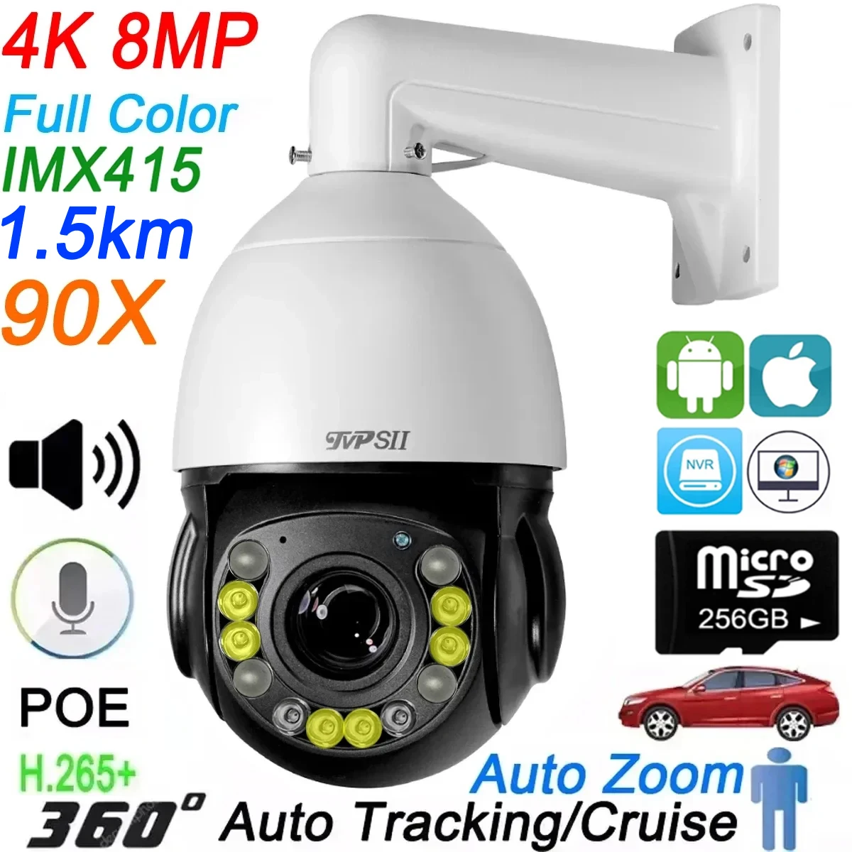 Full Color Auto Tracking 8MP 4K 15X 54X 90X Optical Zoom Rotation Audio Outdoor ONVIF POE PTZ IP Surveillance Speed Doom Camera max 256g auto tracking 8mp 4k imx415 90x optical zoom 360° rotation audio onvif poe ptz ip speed dome surveillance camera