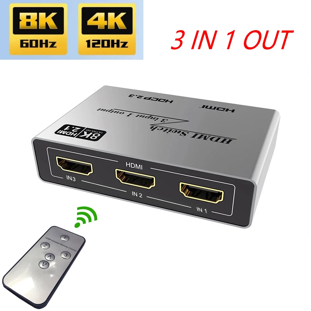 3x1 8K Switch HDMI 2.1 3 Port In 1 Out Switcher 8K@60Hz 4K@120hz HDCP2.3 2x1 for PS4 PS5 Pro Computer To HD TV |