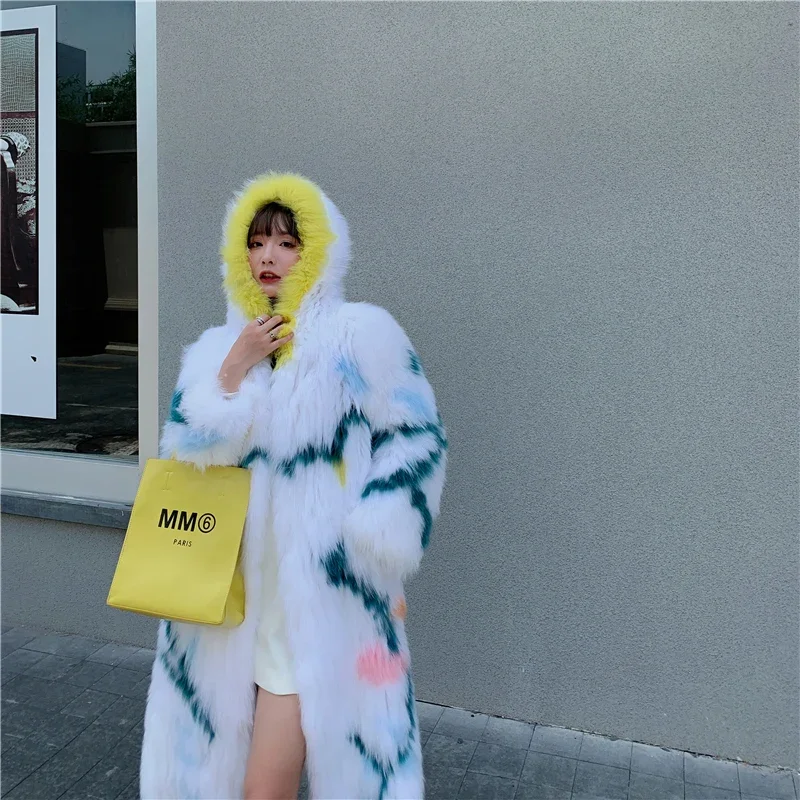 Imported Fox Hair Woven Fur Coat Mid-length Hooded Slimming Knitted Thick Warm Fur Casual Women Jacket for Women Color Contrast