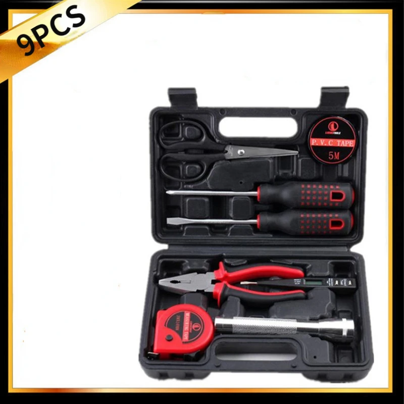 9pcs Household Tools Car Repair Tool Set Screwdrivers Scissors Wire Cutters Torch Measuring Tape Electric Tester Electrical Tape