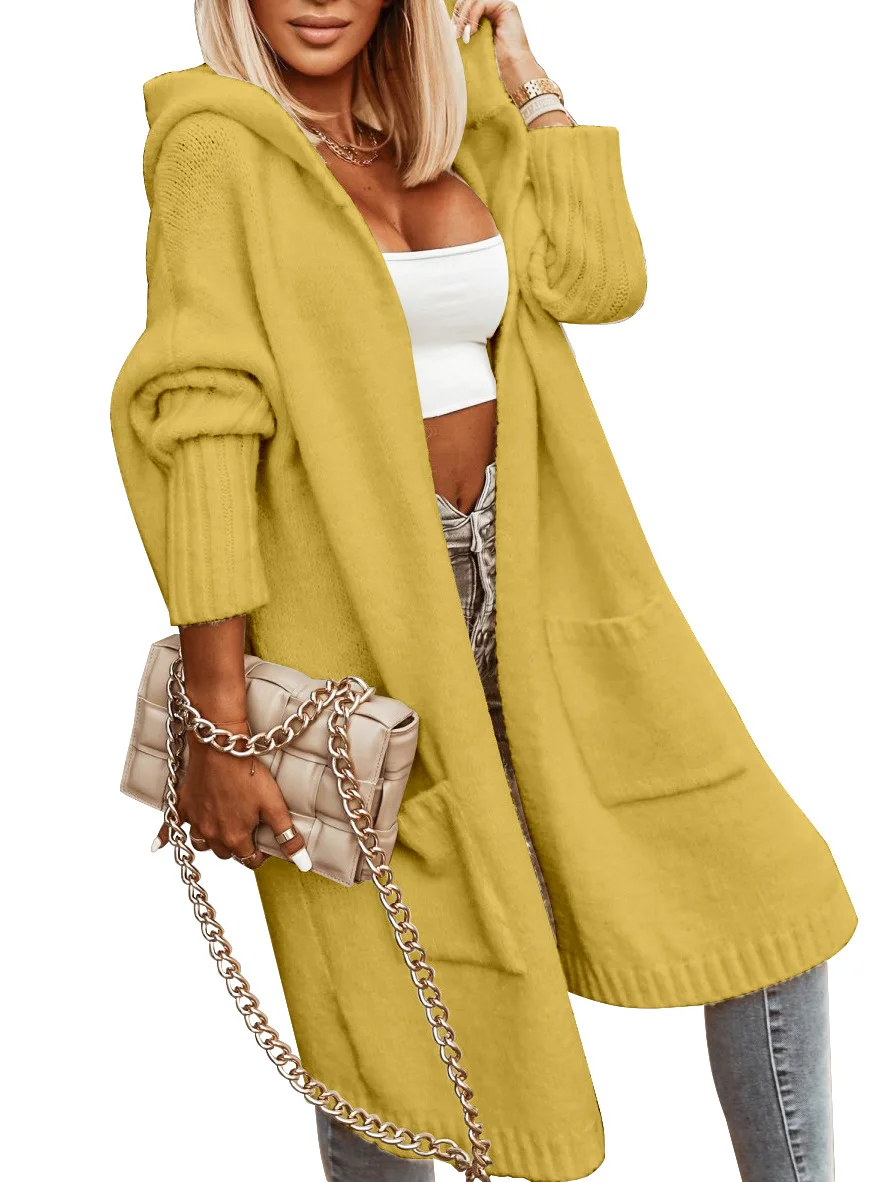 

2023 Autumn Winter Women Hooded Solid Color Mid-Length Knitwear Fashion Casual Pocket Long Sleeve Trench Coat