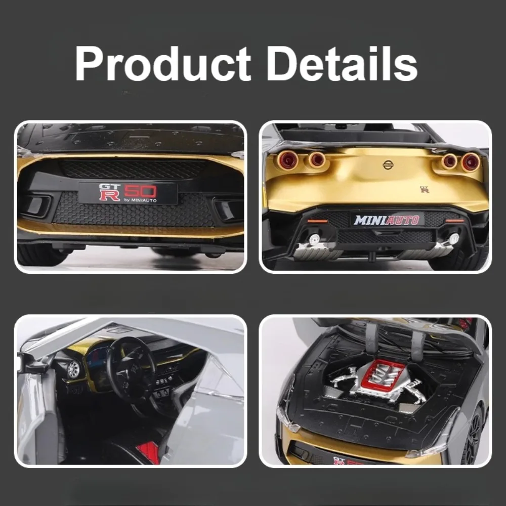 체중계 GTR50 모델 자동차 장난감, 다이캐스트 금속 사운드 라이트 풀 백 도어, 충격 흡수 미니어처 차량, 남아용 선물, 1:24