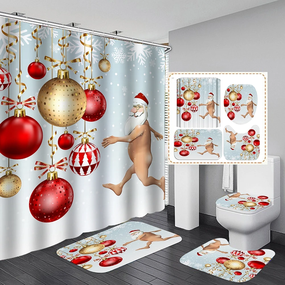 Christmas Shower Curtains Sets Funny Anime Shower Partition Shower Curtain Bathroom Non-Slip Bath Mat Toilet Cover Waterproof