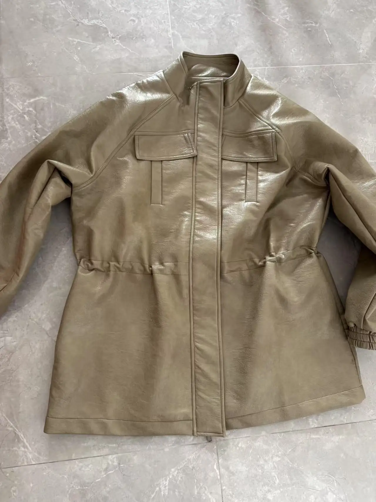 Womens PU Leather Jacket - Adjustable Waist Fall Coat