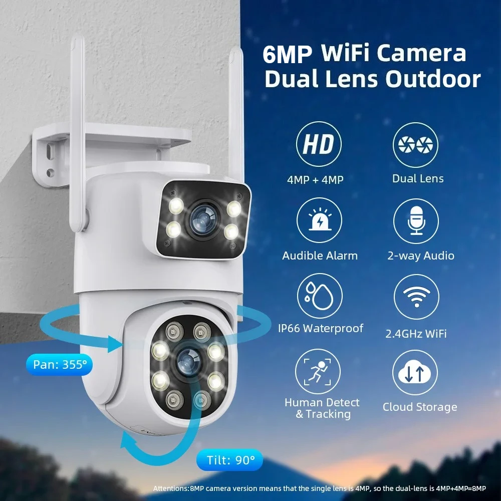 6MP Dual Lens PTZ Camera Security Wifi Ai Human Auto Tracking Webcam ...
