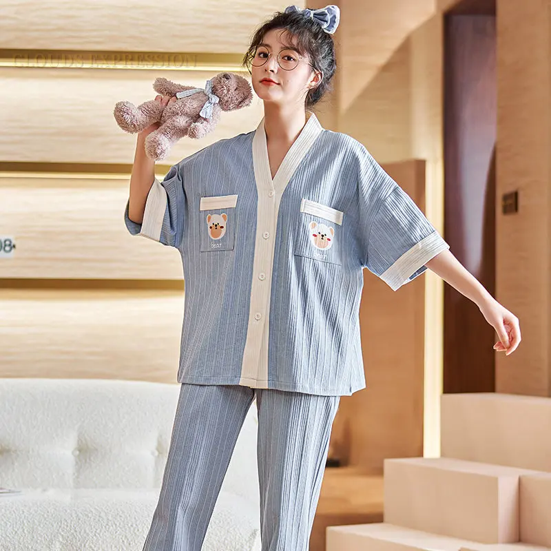 

Brand Nightwear Kawaii Girls PJ Young Womens Pajama Sets Pyjamas Femme Cartoon Bear Sleepwear Loungewear Pijama Mujer Homewear