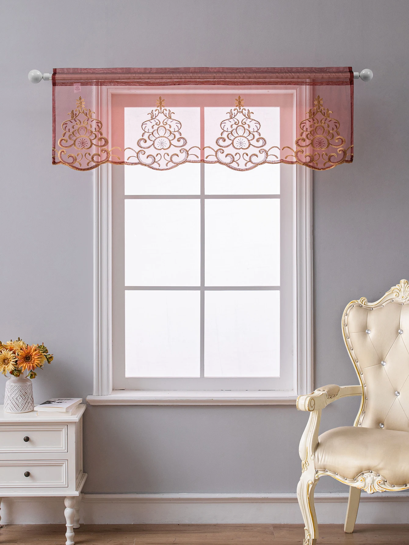 Description Picture 3 of item1 PC Embroidery Sheer Valance,Sweet and Cute Style Window and Cabient Short Curtain Decor,Rod Pocket Half Sheer Kitchen Curtain