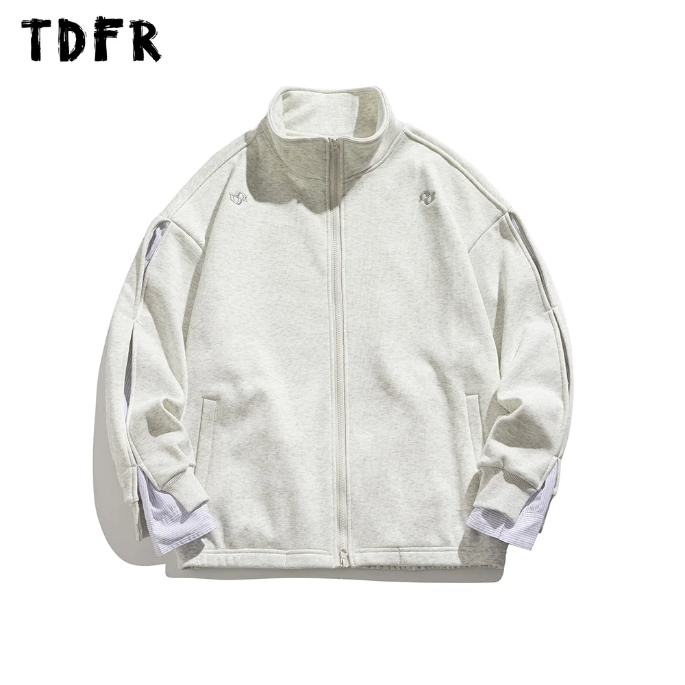 

Fake Two Pieces Jacket Mens Autumn Embroidery Casual Loose Stand collar Long Sleeve Zipper Outerwear Men