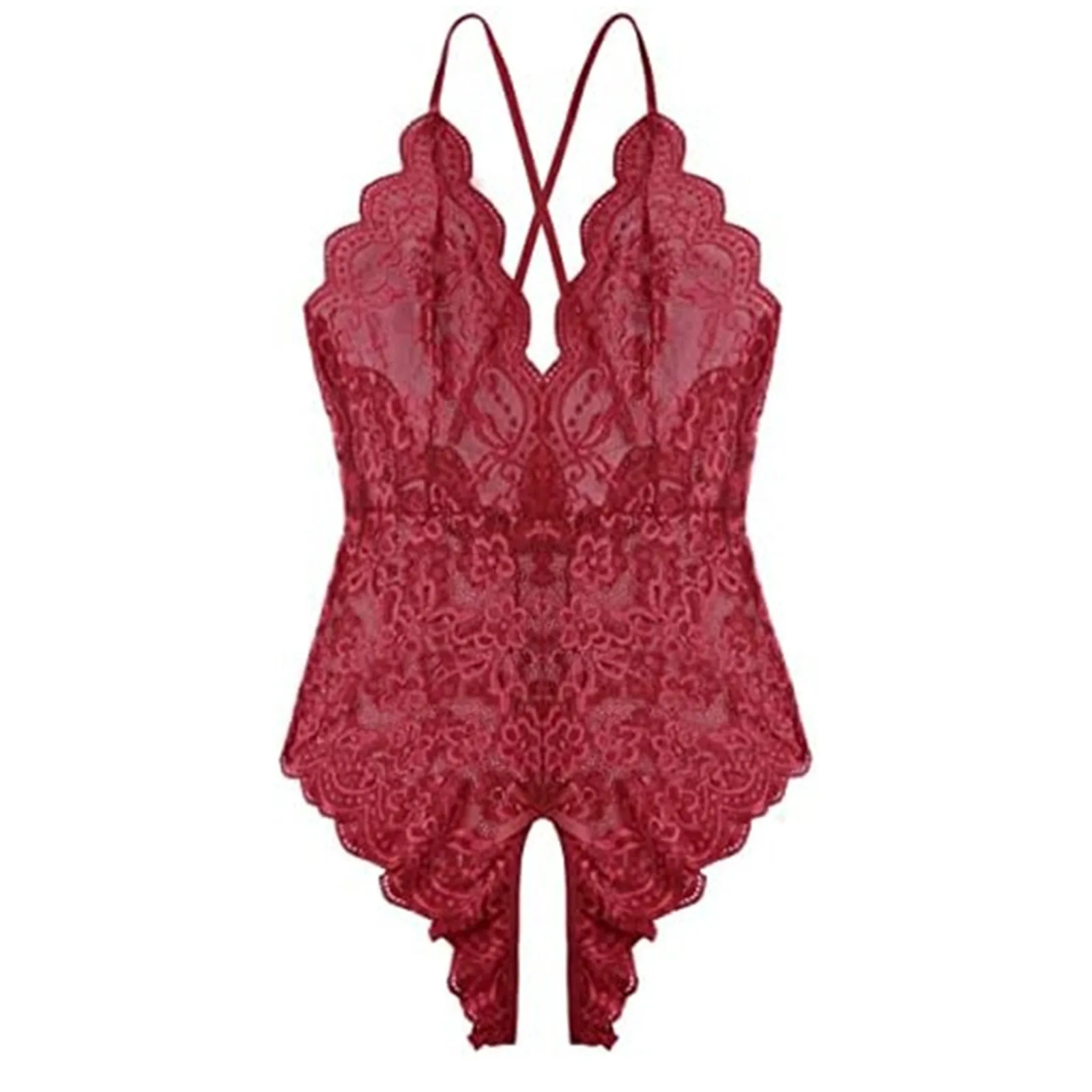 Women Fashion 1 PC Bodysuit Lingerie Sexy Women Costumes Red Lace Lingerie Backless Lanyard Female Conjoined Tight Underwear