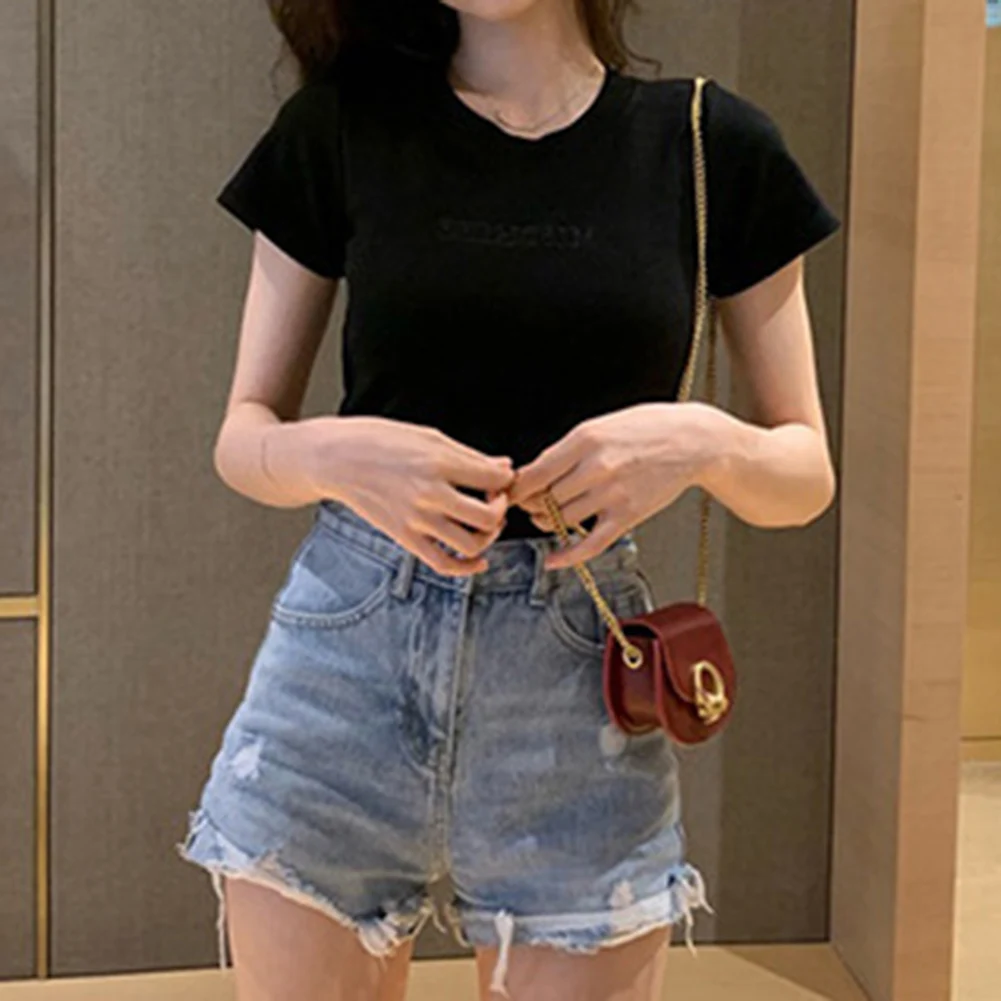 

Женская Повседневная футболка средней эластичности, с вышивкой и коротким рукавом