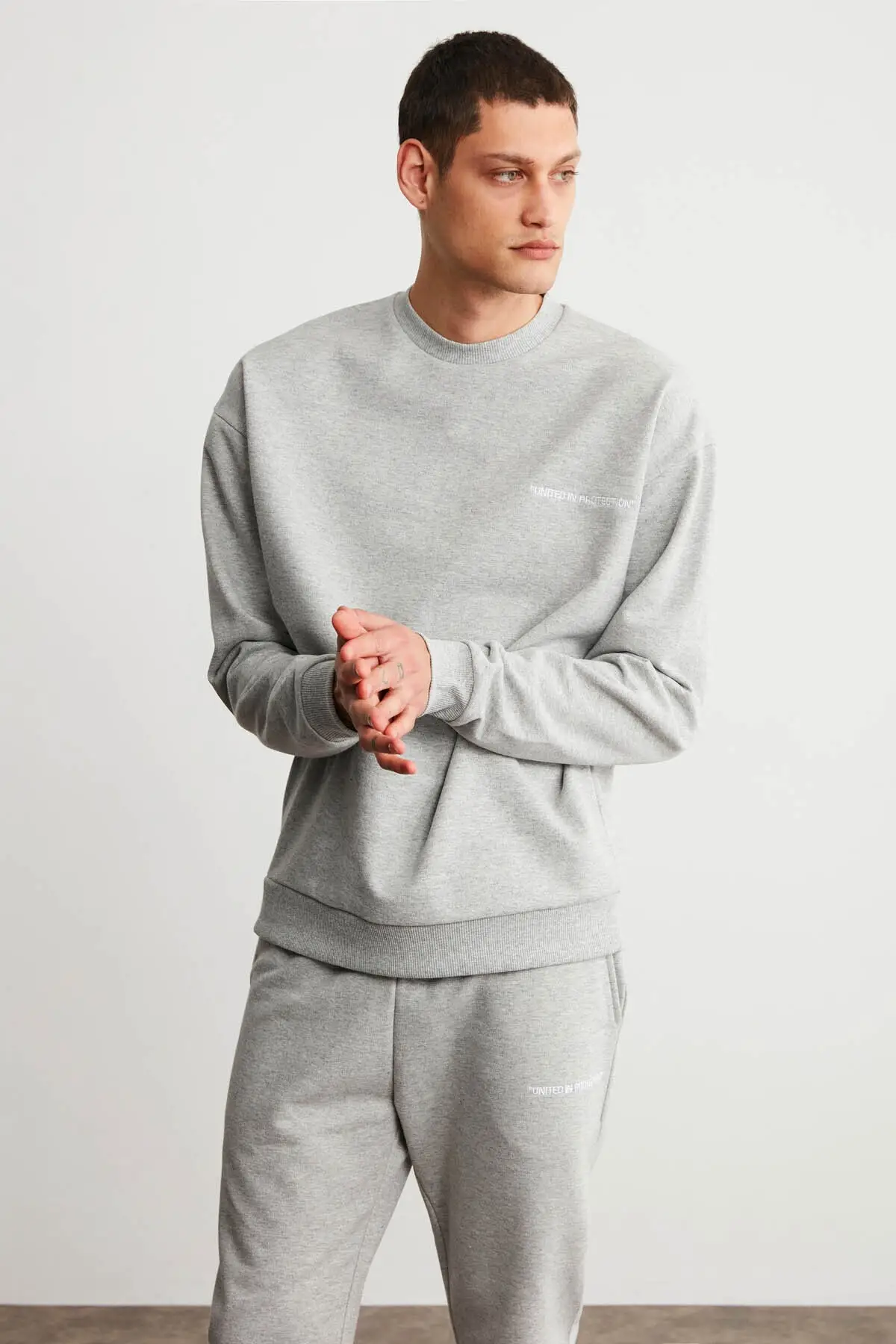 Men's Grimelange Cotton Embroidery Detailed Basic Comfort Fit Crew Neck Elastic Elastic Tracksuit Set