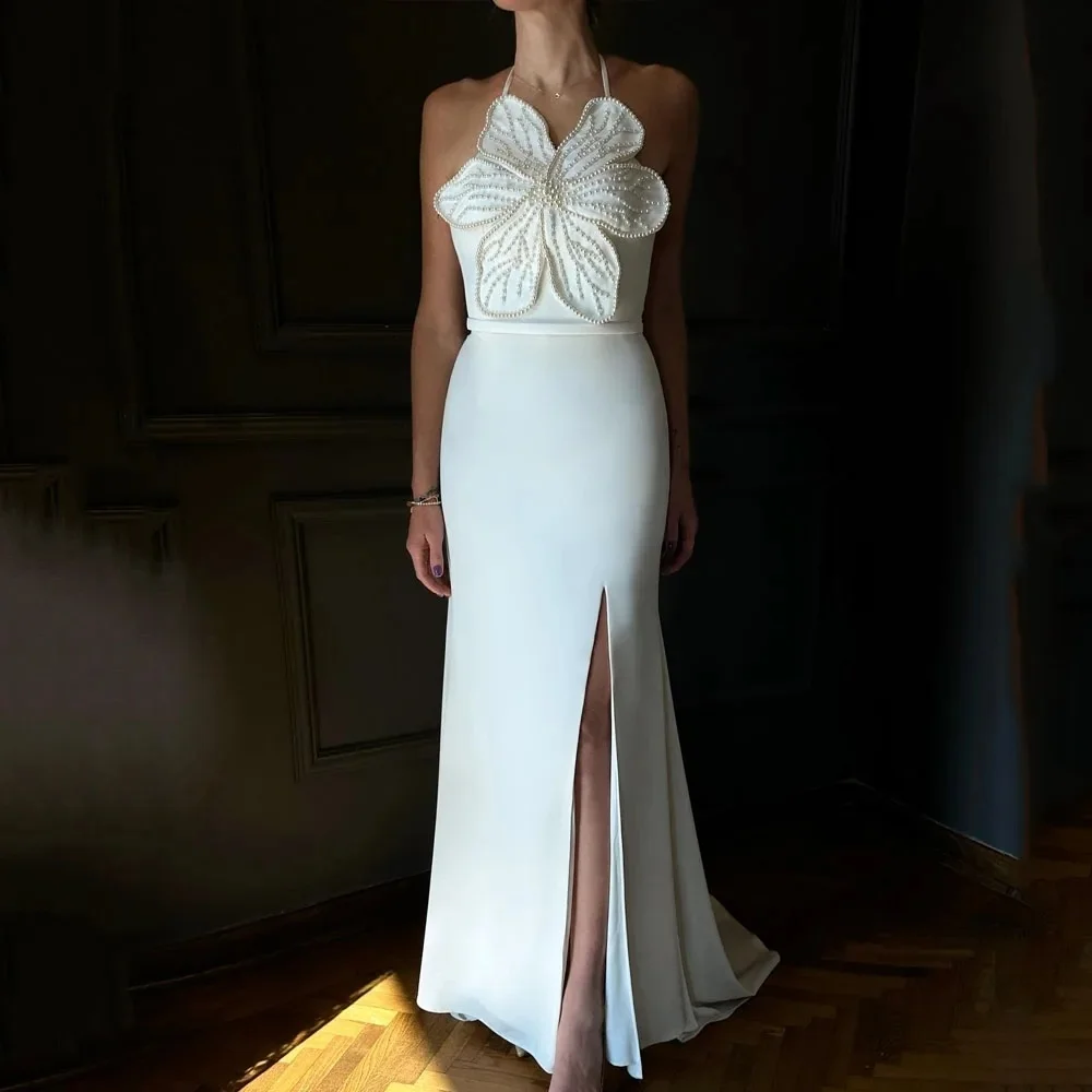 

Ivory Beadings Flower Halter Mermaid 2024 Slim Crepe Sleeveless Formal Ocassion Gown Floor-Length Sleevelss Evening Dress