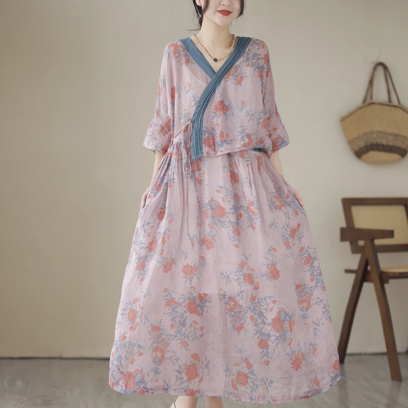 

2023 New Spring Summer Fashion V-Neck Print Patchwork Foral Brief Dress Women Casual Dresses Elegant Office Ladies Clothing