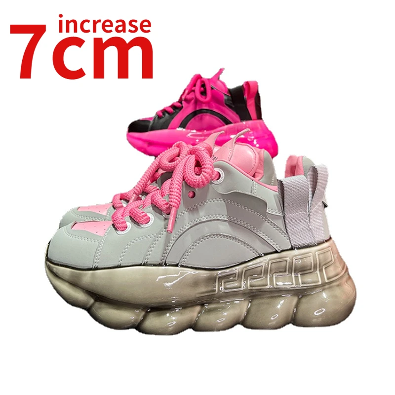 

Pink Thick Sole Dad's Shoes Women's Increase 7cm New Genuine Leather Inner Heightening Shoes Casual Sports Platforms Shoes Women