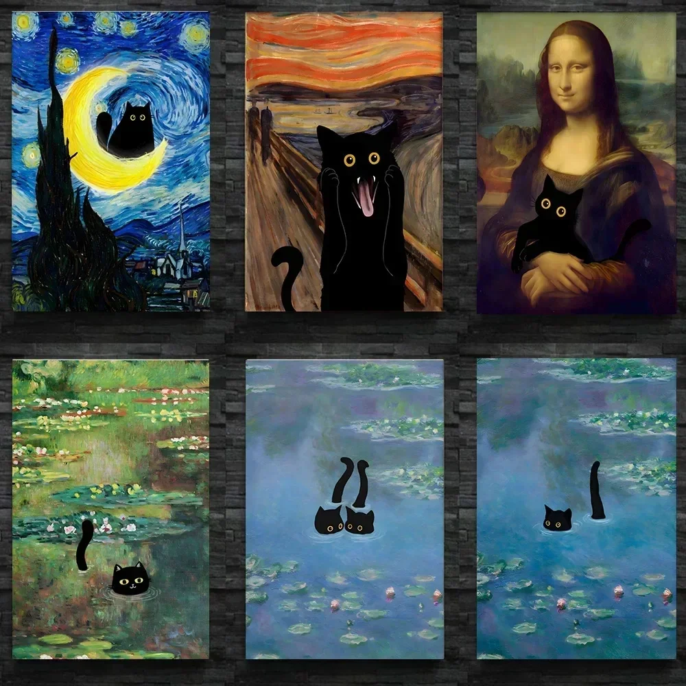 Whimsical Starry Night Cat Canvas Art - Colorful Abstract Floral Decor