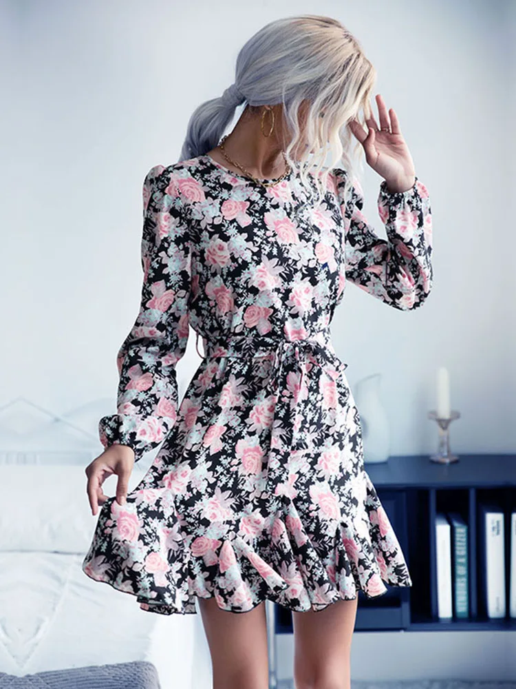 

JIM & NORA Women's Elegant Floral Print Party Long Sleeve O-Neck Chiffon Casual Dress Ladies Clothing Leisure Fashion Vestidos