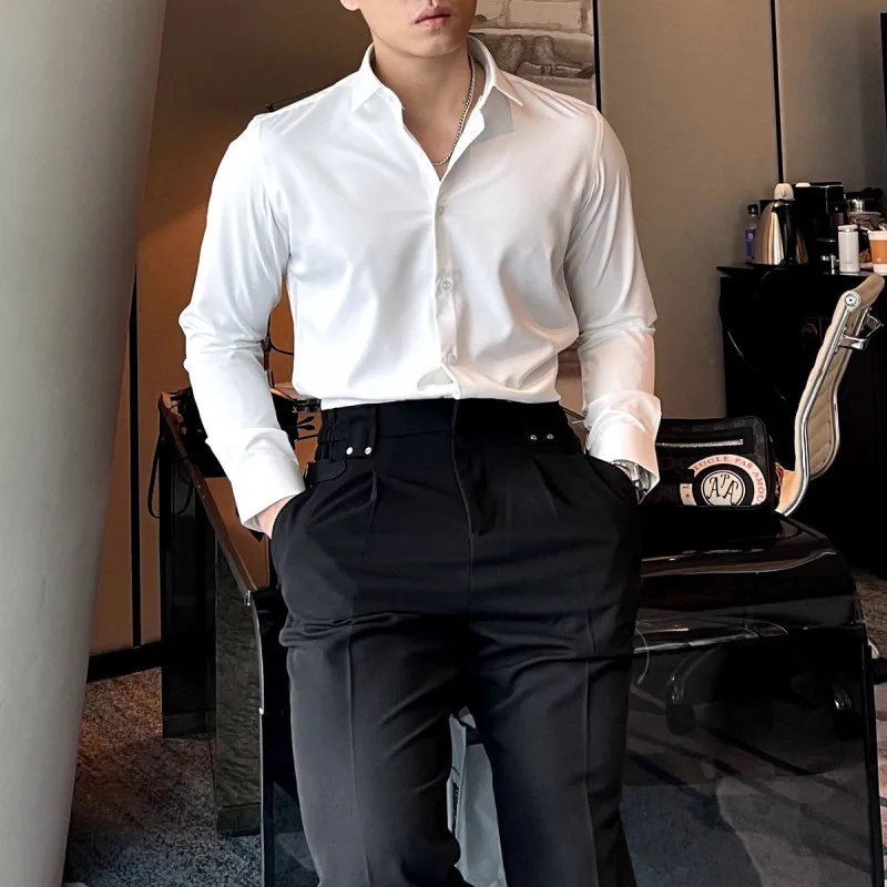 2023 New Spring and Autumn Business Casual Polo Neck Elastic Long Sleeves Inner Wear with No Iron Fit British Formal Shirt Trend t shirt for men letter king o neck men top daily casual clothing vintage sportswear loose oversized clothes trend short sleeves