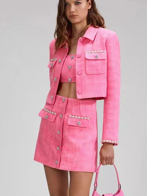 Women Pink Tweed Short Coat or Mini Skirt Set with Pearl Diamond