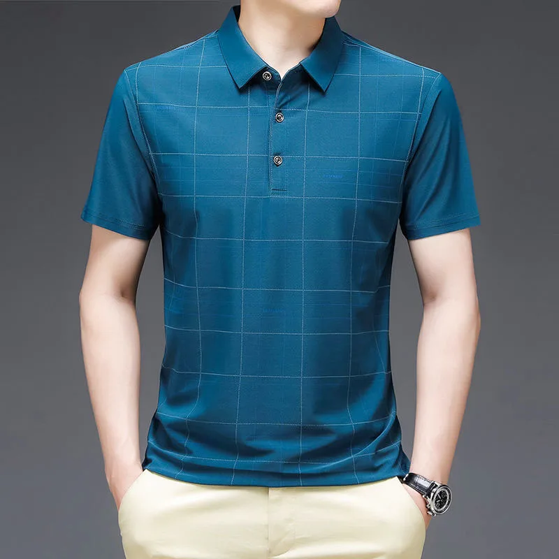 

2023 New Summer Ice Silk Casual All-match Plaid Printing Male Clothes Turn-down Collar Basic Polo Business T-Shirt Trend Tops