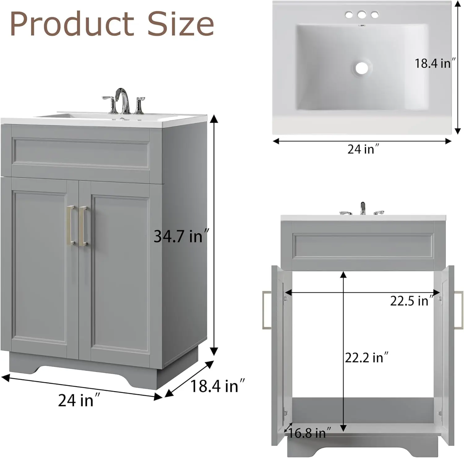 Bathroom Vanity Set Combo 24" Sink Cabinet Mirror Storage Durable Ceramic Vessel Chorme Smooth Surface High-definition Imaging 2