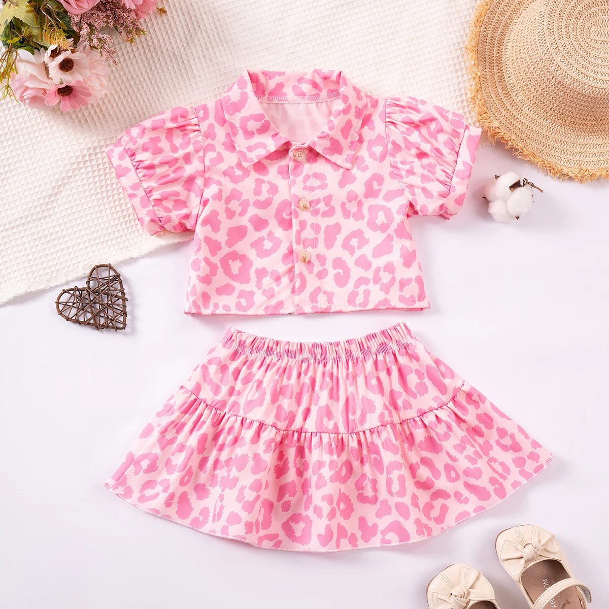 Mädchen-Set mit süßem Aufdruck, kurzärmeliges Hemd + Rock, 2-teiliges Set, lässig, bequem, für Kinder im Alter von 1–6 Jahren, Sommerparty, Reisen, Valentinstagsgeschenk