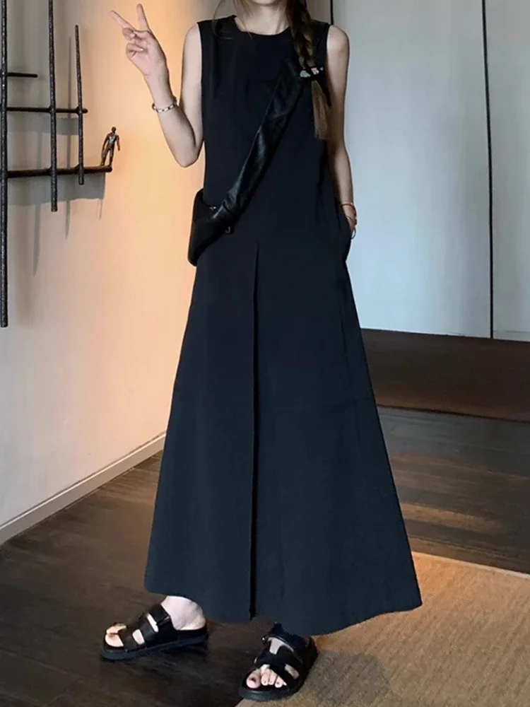 

Повседневное свободное простое базовое женское платье, черные пляжные платья без рукавов, Женские французские Летние Новые однотонные женские платья Chicly