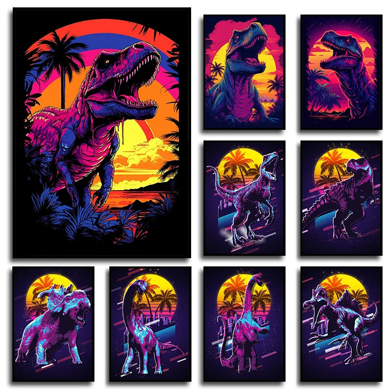 Animal Dinosaur T Rex Retro Sunset Sun Synthwave Poster E Stampe Canvas Painting Wall Art Picture For Living Room Home Decor