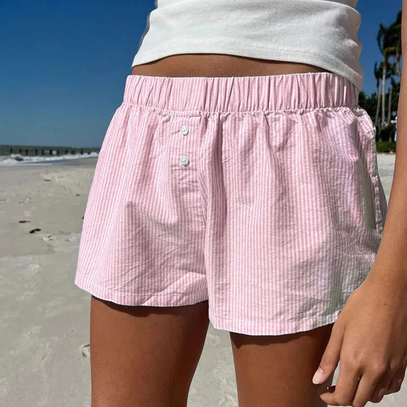 Short Décontracté À Imprimé Rayé Pour Femme, Taille Élastique, Bas Boutonnés, Streetwear Chic, Basique, Mode Y2K 26 S45C901B3716E4E40A2B144657Af923A60
