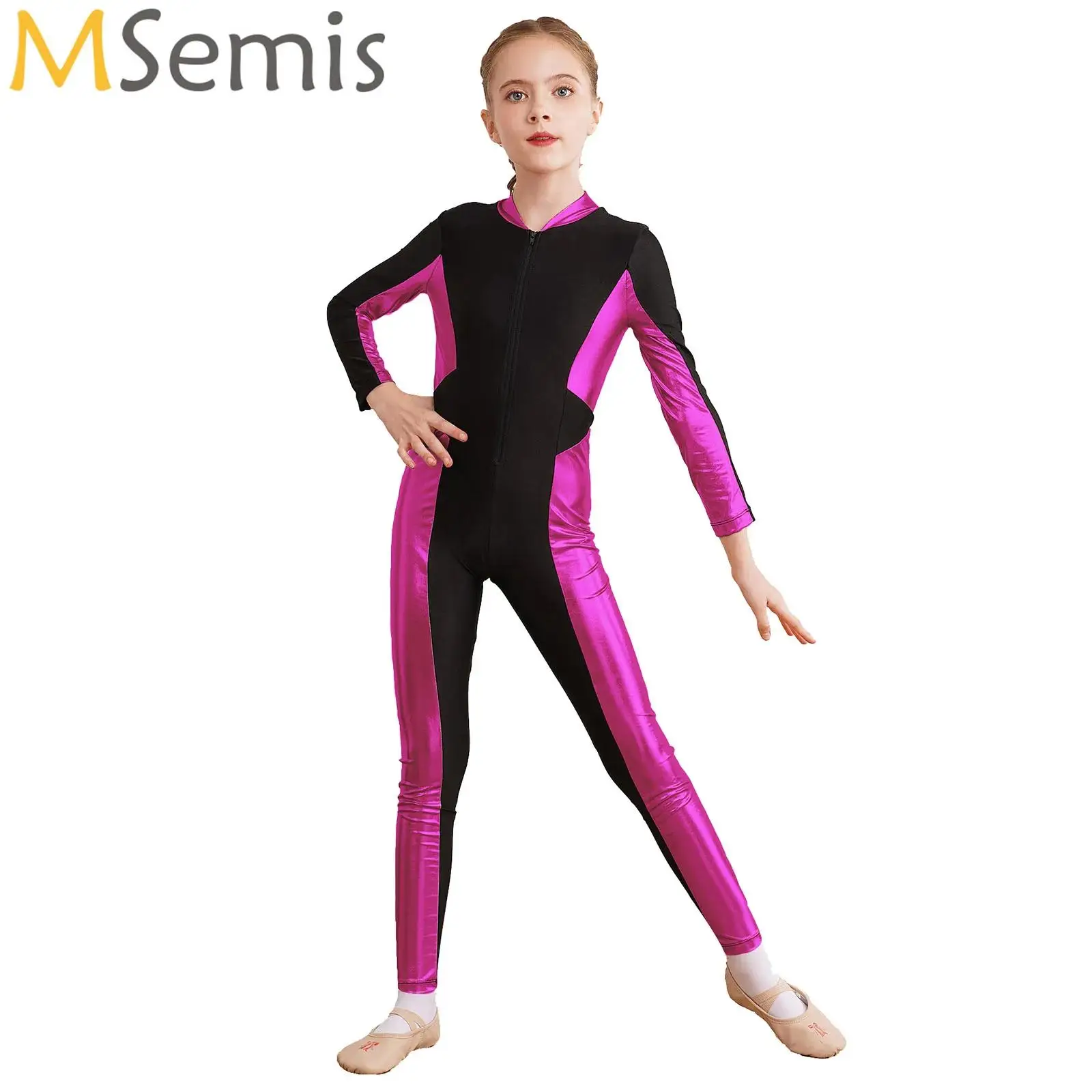 

Kids Girls Color Block Jumpsuit Acrobatics Dance Zipper Stand Collar Long Sleeve Unitard for Figure Skating Gymnastics Costumes