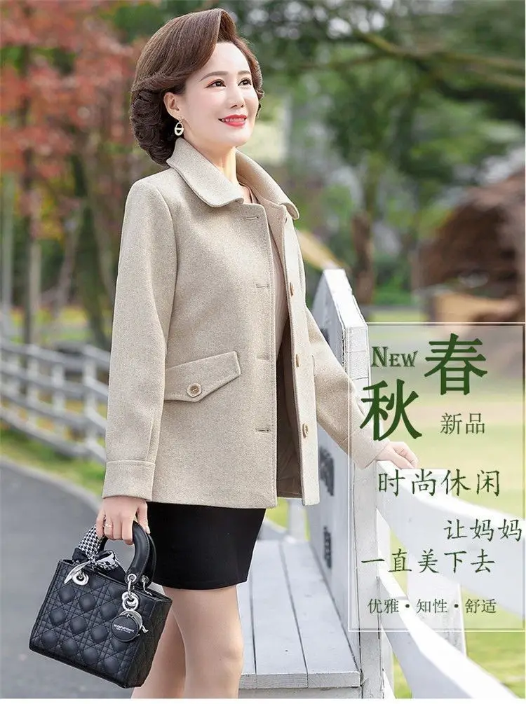 Fashionable Mother's New Woolen High-end Coat Middle-aged And Elderly Women Loose Slim Thin Casual Coat Tide In Spring And Autum