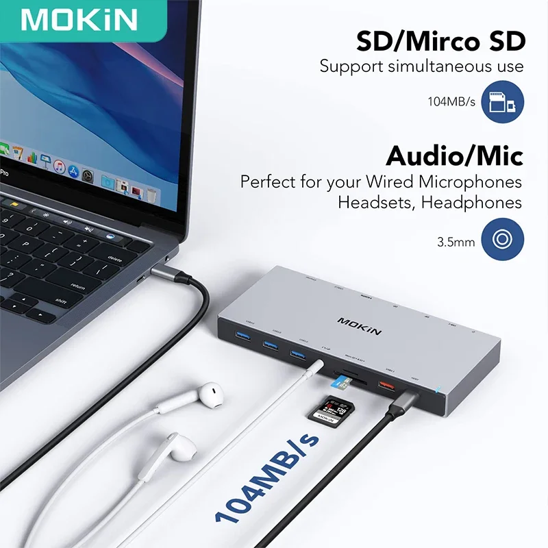 MOKiN USB C Docking Station 4K 60Hz HDMI DP USB 3.0 100WPD USB-C 10Gbps Triple Display 3 Monitors for Windows MacBook Surface 6