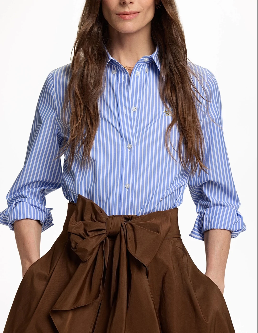 CH Neue Trend Mode Hemd Hohe Qualität Blau und Weiß Vertikale Streifen Marke Brief Label Zubehör frauen Langarm Hemd – Detail 1
