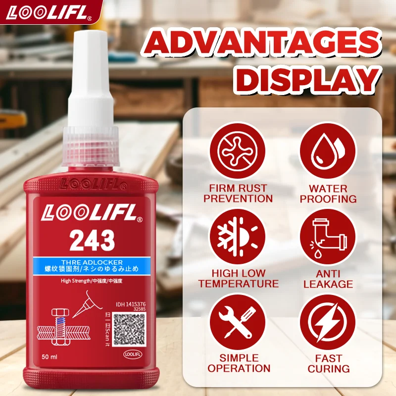 243ล็อคด้ายสีน้ําเงินความแข็งแรงปานกลาง,กาวด้ายทั่วไปmethacrylateสําหรับชิ้นส่วนด้ายโลหะทั้งหมด,สลักเกลียวยึดและปิดผนึก,น็อตและสลักเกลียว,กาวด้ายกันน้ํา 1