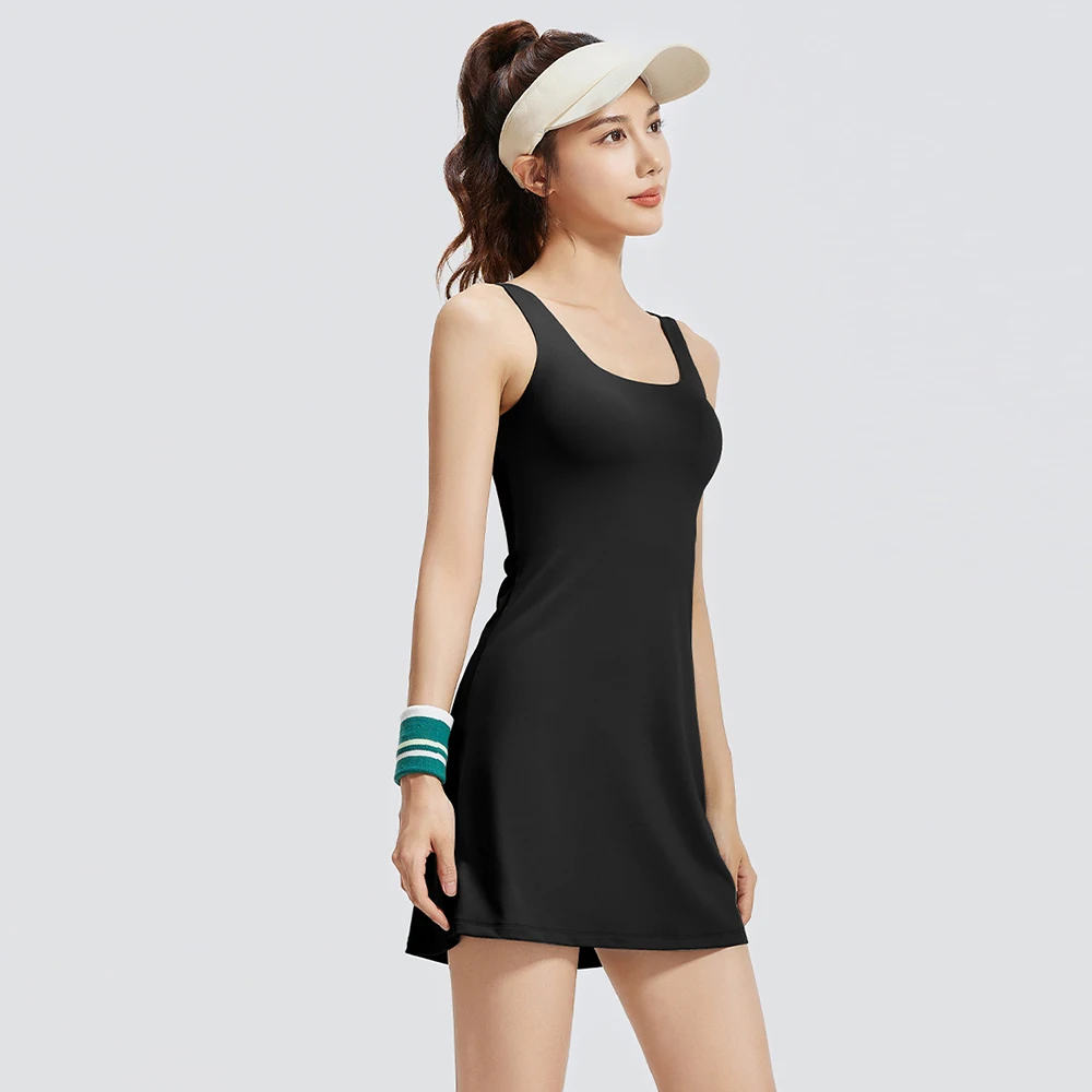 Slim Sport Women Mini Tennis Dress Tights Shorts Inside Quick Dry One Piece Sleeveless Yoga Training Exercise Gym Sportswear Pad