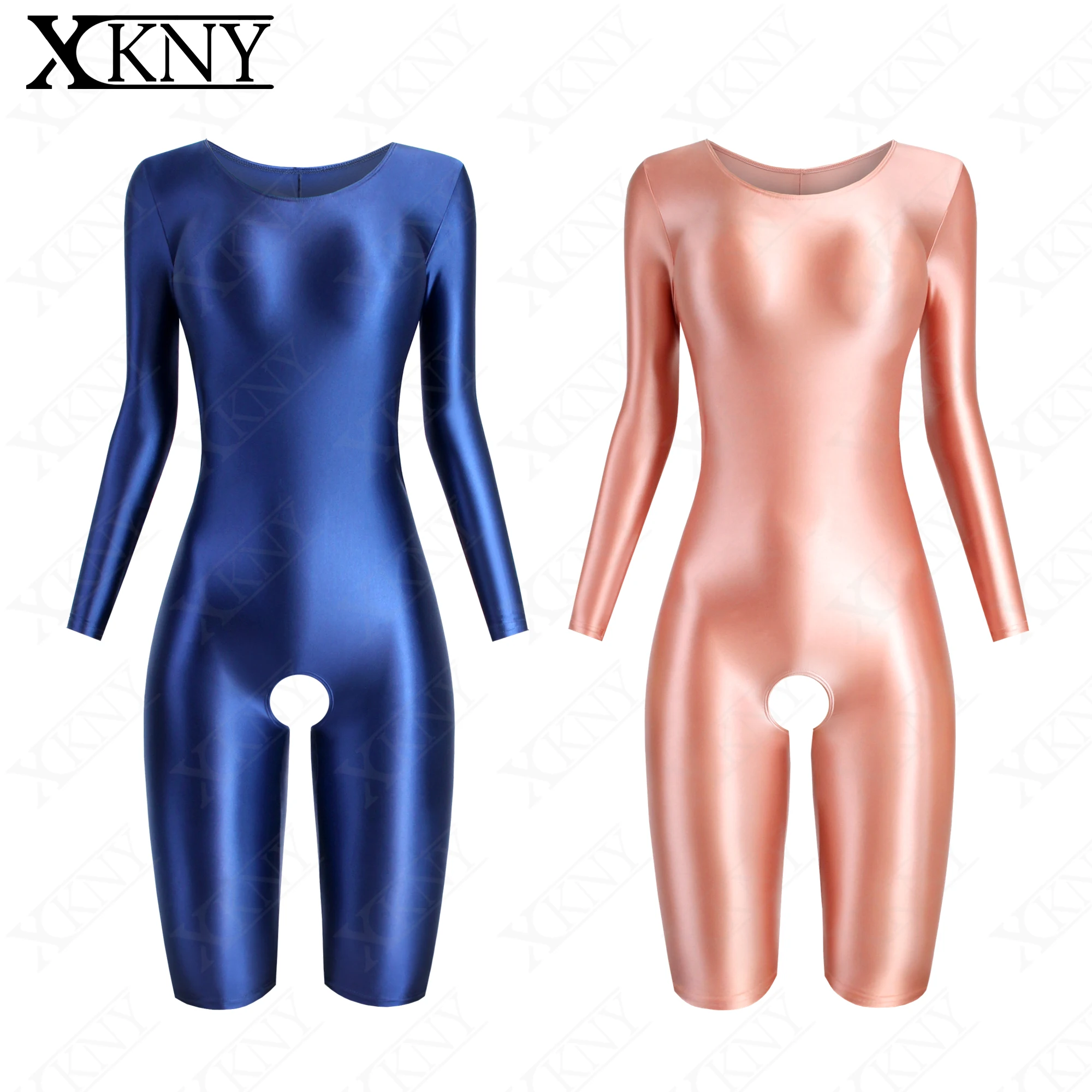 

XCKNY атласный Гладкий шелковистый костюм с круглым вырезом и открытой промежностью, трико для йоги, короткие брюки с длинным рукавом, колготки, купальник унисекс
