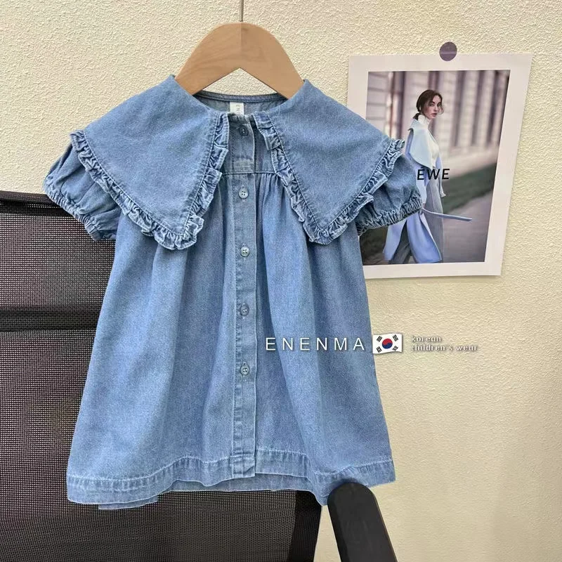 Children's Dress Summer Girl's Fashionable Bubble Sleeves Denim Dress Baby Cotton Short Sleeves Flip Collar Princess
