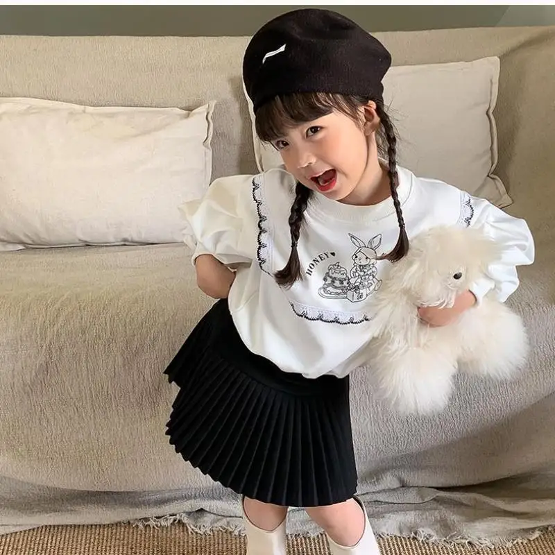 

2023 Autumn New Children Long Sleeve Sweatshirt Baby Girls Lace Cartoon Print Pullover Kids Comfortable Casual Bottoming Tops