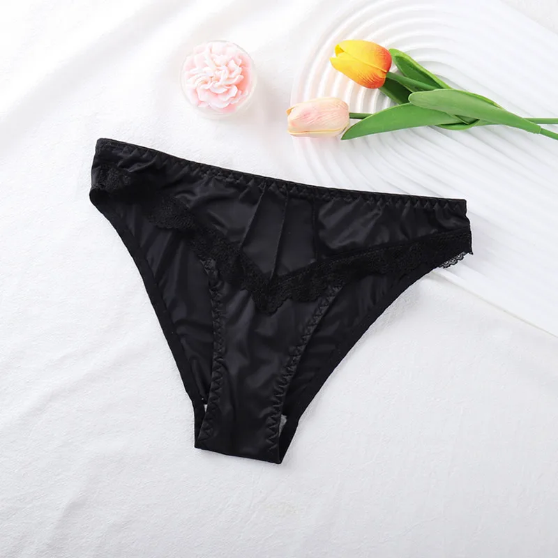 2025 New Women Underwear Elegant Floral Lace Trim Low-waist Panties for Wedding Night Silky Underpants