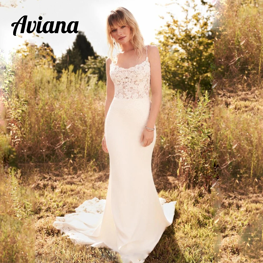 

Aviana Spandex Lace Mermaid Wedding Dress Sexy Spaghetti Straps Bridal Gowns Backless Sweep Train Vestido de novia Custom Made